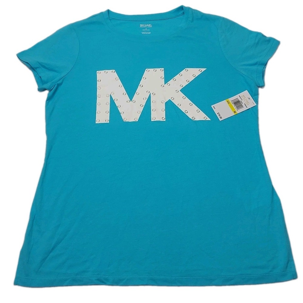 NWT Michael Kors M Turquoise Blue Studded MK Logo T-Shirt
